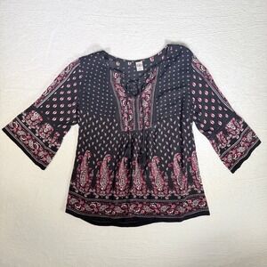 Bila Black Paisley Boho Peasant Feminie Eclectic Top Womens sz S 3/4 Bell Sleeve